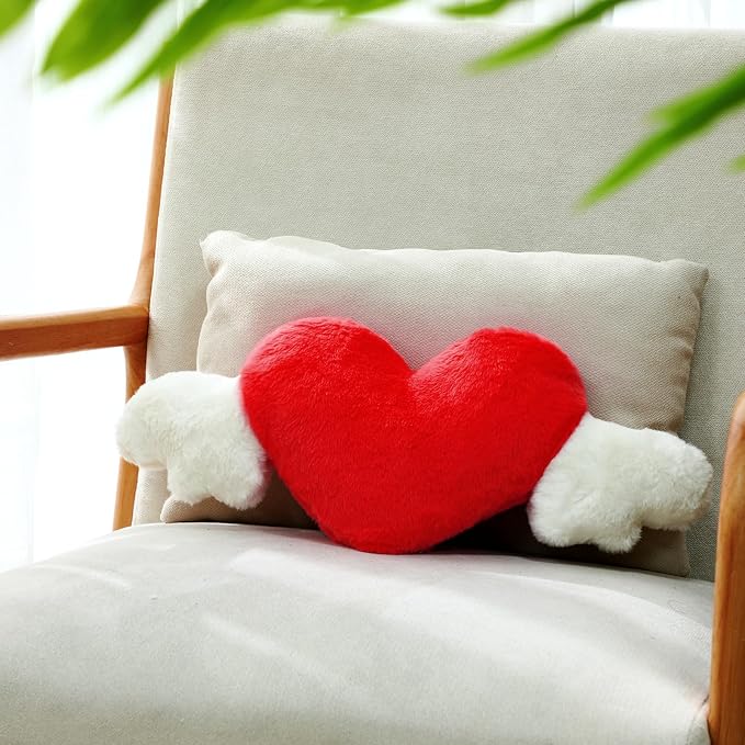 2 Pcs Plush Heart Shaped Pillow with Angel Wings Car Headrest Soft Comfortable Seat Pillow for Driving Travelling Room Office Car Decor, 19.7 x 8.3 Inch(Red)