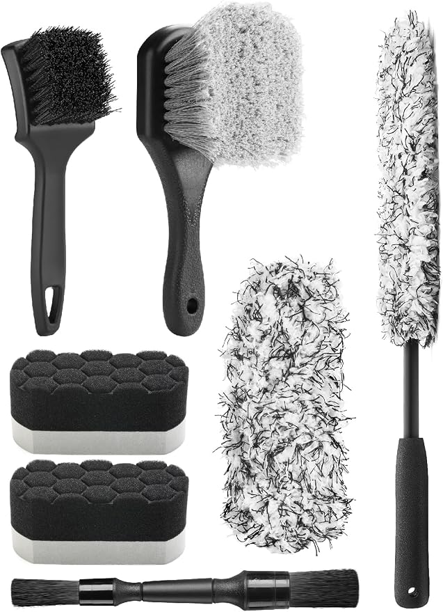 7PCS Car Wheel Brush Kit, Tire Brush for Car Owners & Auto Detailers, Soft-bristled Rim Brush, Flat Wheel Brush, Double-Ended Detailing Brush and Pads for Home Shop, Cars Trucks RVs