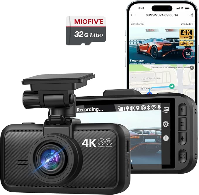 Car Camera 4K Resolution, WiFi, Bluetooth, GPS Dash Cam, 3-Inch IPS Screen, Night Vision, Loop Recording, HDR, App Control, and Supports up to 512GB with a Free 32GB Card Included