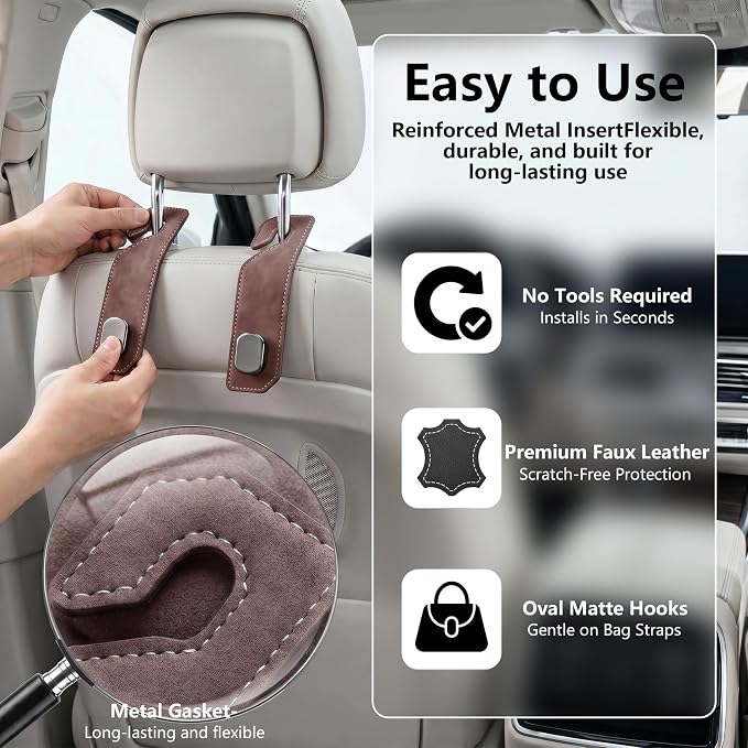 Purse Hook for Car Seat Headrest, Suede Car Purse Hook, Heavy Duty Car Hook Organizer for Handbags, Grocery Bags & Backpacks, Universal Car Hooks for SUV Truck Interior(Brown,2pcs)