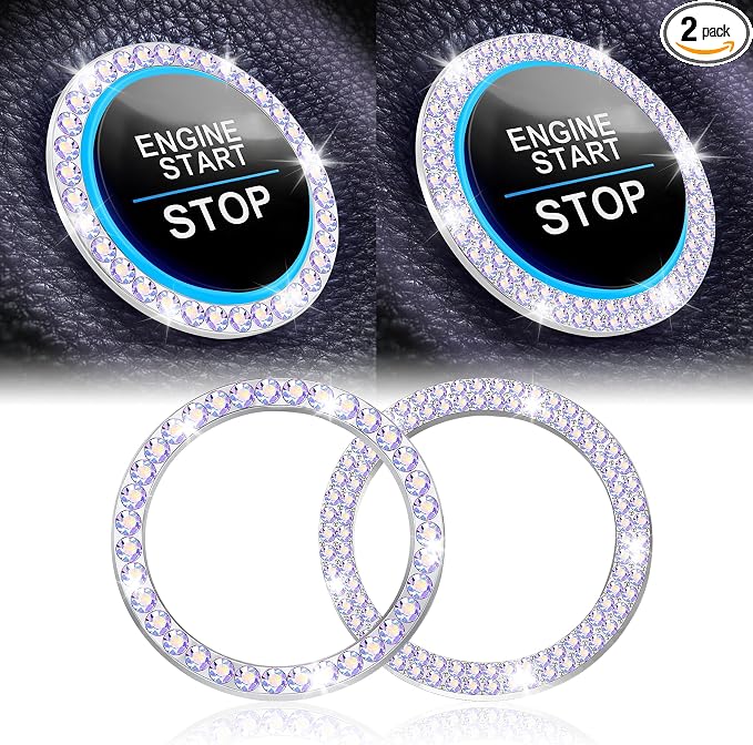 2 PCS Crystal Combinatorial Rhinestone Car Engine Start Decoration Ring, Push to Start Button Cover Sticker, Bling Car Interior Accessories for Women, Automotive Decals, Colorful