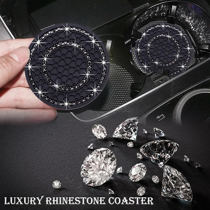 4PCS Bling Crystal Rhinestone Cup Holder Coaster, 2.75 inch Soft Silicone Anti-Slip Shockproof, Car Cup Holder Insert Coasters, Universal Car Interior Accessories for Women (Black)
