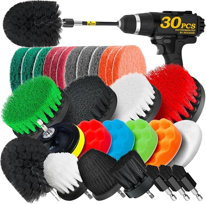 30 Piece Drill Brush Set, Scrub Pads Scrubber Brush with Extend Long Handle Clean for Grout, Tiles, Bathtub, Bathroom, Kitchen, Bristle Discs,Black