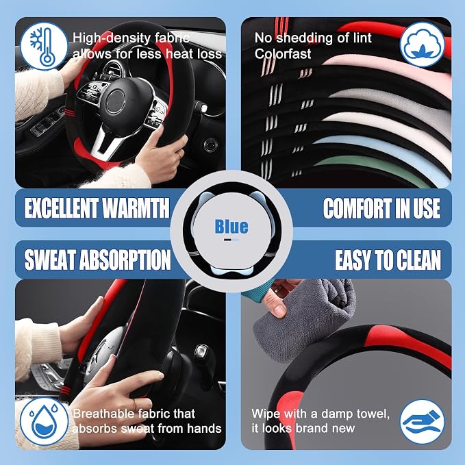 Furry Cute Soft D Shaped Steering Wheel Cover 15 inch Black Blue | Fluffy Short Plush Car Accessories, Non-Slip Cold-Proof Sweat-Proof Colorfast, Universal 14.5 inch to 15 inch