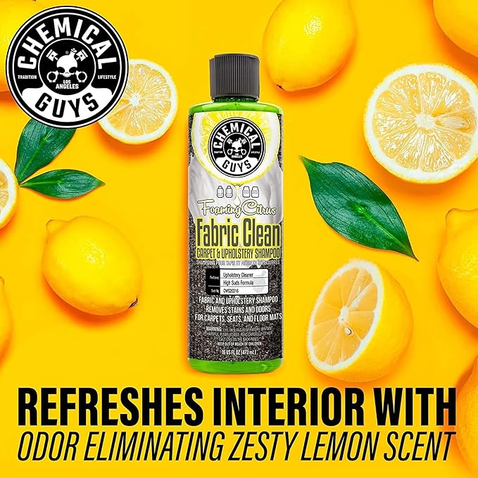 Foaming Citrus Fabric Clean Drill Brush Kit - High Foaming Stain and Odor Remover, Upholstery, Floor Mat & Car Carpet Cleaner, Deep Cleans & Deodorizes, Citrus Scent - 16 fl oz