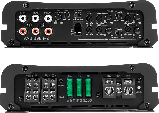 VAD10004 v2 Model 4-Channel Class D Amplifier 2000W Peak, 1000W RMS, 2/4-ohm Stable, High/Low Pass X-Over, for Car/Truck/Marine/UTV/Motorcycle (VAD10004v2)