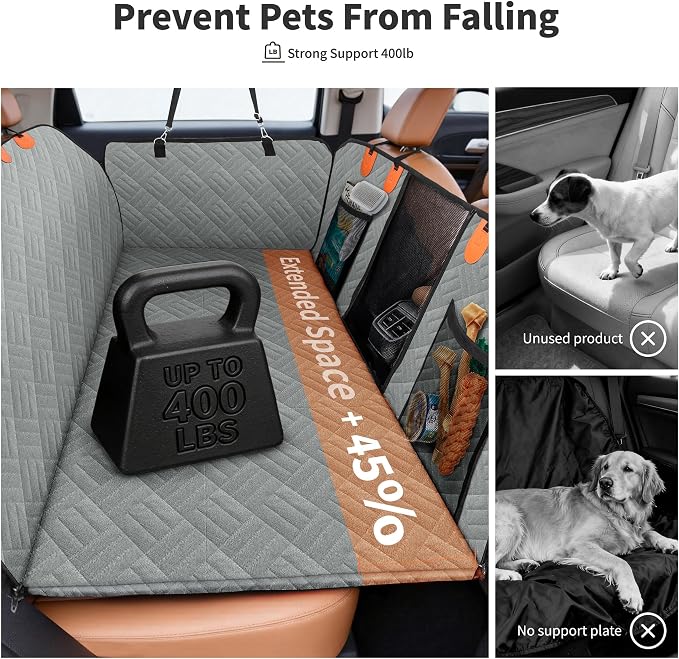 Dog Seat Cover Hard Bottom, 3-Section Design, Waterproof Non-Slip Dog seat Extender for Large Dogs, Fit Full-Size Truck & SUV, +45% Extra Space, Grey