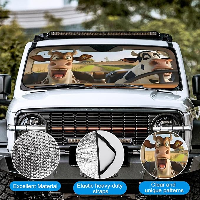 Funny Cows Foldable Windshield Snow Cover, Reflective Accordion Car Windshield Snow Cover, Sun Visor for Car Windshield, Ultimate Heat & UV Protection, Suitable for Most Cars, 57.1" L x 27.6" W