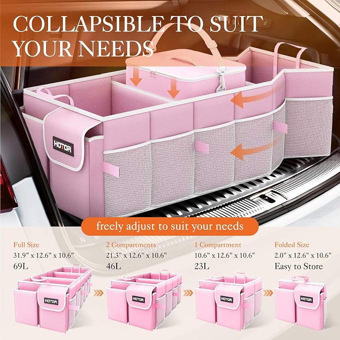 Trunk Organizer, Sturdy Foldable with Cooler for Car & SUV, 3 Compartments, Pink, 30.90”×12.60”×10.63”