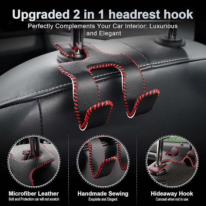 Upgraded Superior Leather Car Seat Back Headrest Hook, 2 in 1 Auto Seat Hook Hangers Holder Organization Interior Accessories for Purses Coats Umbrellas Grocery Bags Handbag (Black/Red)