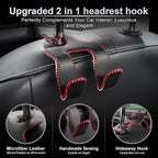 Upgraded Superior Leather Car Seat Back Headrest Hook, 2 in 1 Auto Seat Hook Hangers Holder Organization Interior Accessories for Purses Coats Umbrellas Grocery Bags Handbag (Black/Red)