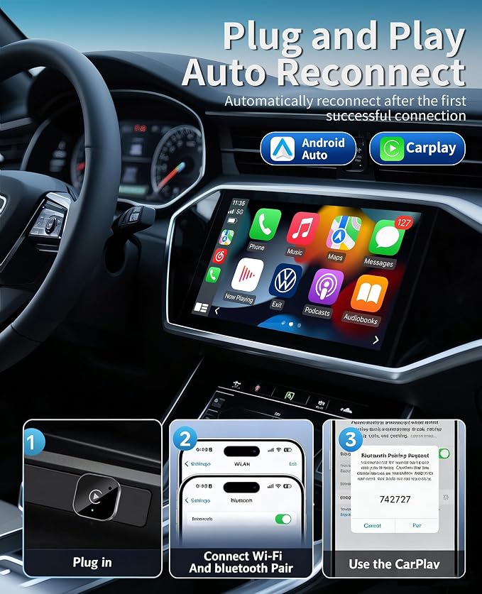 Wireless CarPlay Adapter, 2026 Upgraded Convert Wired to Wireless, 2-in-1 CarPlay & Android Auto, Plug & Play, Auto-Connect & No Latency, USB/USB-C for Cars with Built-in CarPlay iOS 10+/Android 11+
