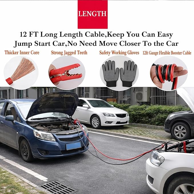 Car Emergency Kit, Roadside Assistance Emergency Car Kit Jumper Cables, Road Trip Essentials, Auto Vehicle Car Safety Kit with Digital Air Compressor Tire Inflator, Reflective Warning Triangle