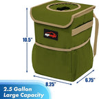 Waterproof Car Trash Can with Lid and Pockets, 2.5 Gal, Green | Leakproof, Collapsible Multipurpose Car Bin with 3 Side Storage Pockets, Adjustable Straps