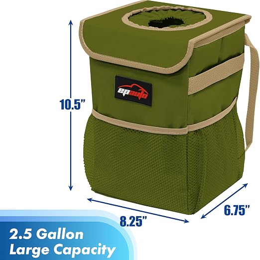 Waterproof Car Trash Can with Lid and Pockets, 2.5 Gal, Green | Leakproof, Collapsible Multipurpose Car Bin with 3 Side Storage Pockets, Adjustable Straps