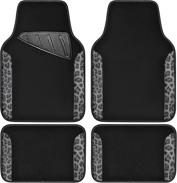 Waterproof Universal Car Floor Mats, Leopard Print Car Mats Fit for SUV,Vans,sedans, Trucks,Set of 4pcs Car Carpet with Driver Heel Pad and Nibs Backing, Leopard Car Accessories Gray Leopard