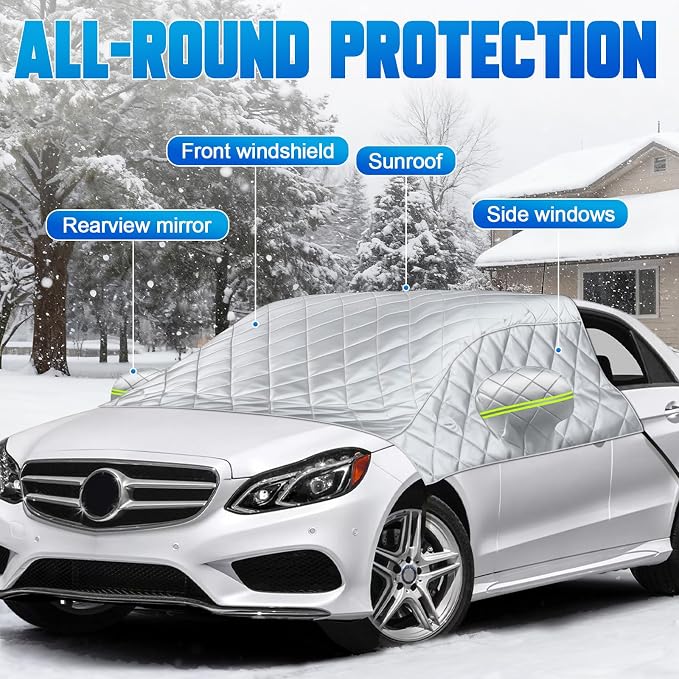 6 Layers Windshield Snow Cover Universal Midsize Sedan/Compact SUV Protection Hail & Snow Shield | Scratch-Free Hooks + Reflective Strips + Mirror Covers