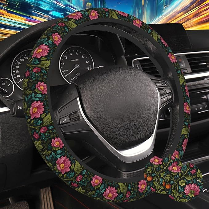 Vintage Botanical Peony Floral Steering Wheel Cover for Women, Anti-Slip Car Steering Wheel Cover with 2 Pcs Cup Holders Neoprene Breathable Car Accessories Universal 15 Inch Auto Interior Decor