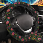 Vintage Botanical Peony Floral Steering Wheel Cover for Women, Anti-Slip Car Steering Wheel Cover with 2 Pcs Cup Holders Neoprene Breathable Car Accessories Universal 15 Inch Auto Interior Decor