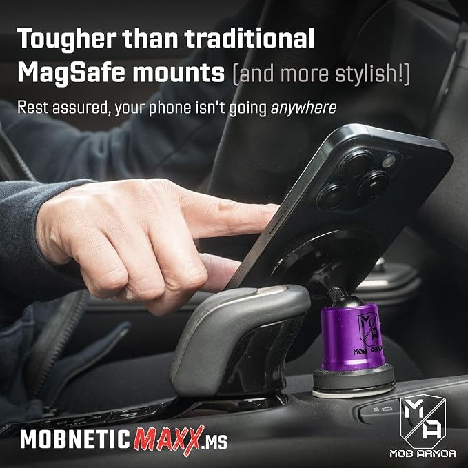 MobNetic Maxx MS - MagSafe Compatible Car Phone Mount w/ 90º Tilt, 360º Rotation & Durable Aluminum Build, Magnetic Holder for iPhone & Android Devices, USA Assembled - Purple Chrome