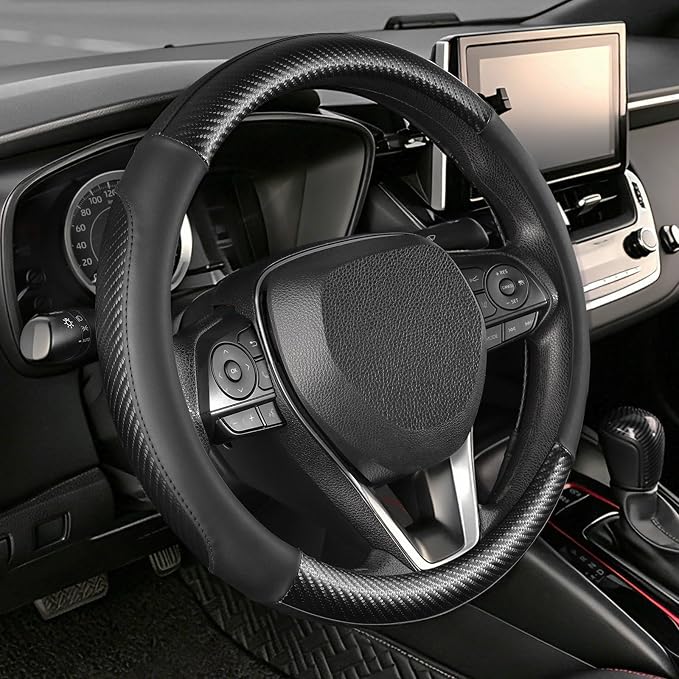 Car Steering Wheel Cover Small Size 14"-14 1/4" Black | For Model 3 Model Y Prius Civic Camaro Rogue, Non-Folding Packaging, Heavy duty, Microfiber Leather Carbon Fiber Pattern
