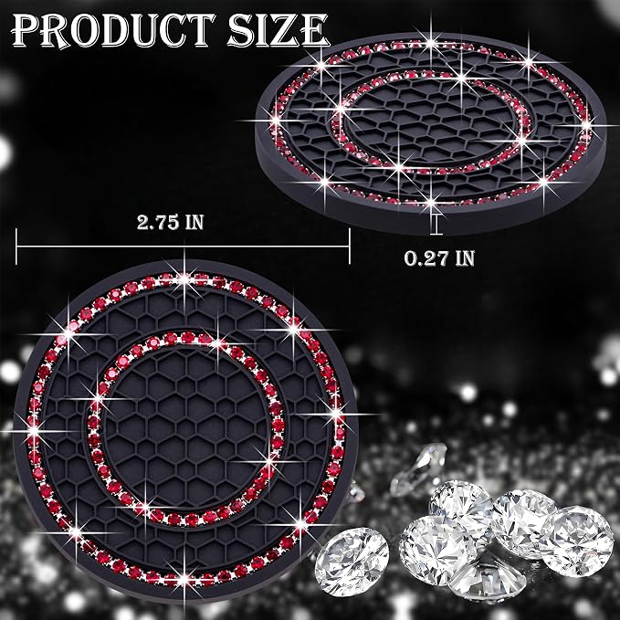 2PCS Bling Crystal Rhinestone Cup Holder Coaster, 2.75 inch Soft Silicone Anti-Slip Shockproof, Car Cup Holder Insert Coasters, Universal Car Interior Accessories for Women (Black & Red)