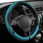 Steering Wheel Cover, Black Patterned & Blue Leather Patchwork Design, Universal Fit 14.5"–15.5", Anti-Slip, Odor-Free, Soft PU Grain Leather, Durable Grip Car Accessory for Girls & Women