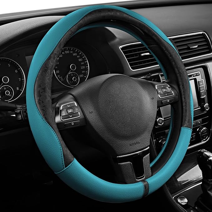 Steering Wheel Cover, Black Patterned & Blue Leather Patchwork Design, Universal Fit 14.5"–15.5", Anti-Slip, Odor-Free, Soft PU Grain Leather, Durable Grip Car Accessory for Girls & Women