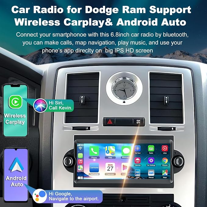 Android 13 Car Radio Stereo for Dodge Ram 2006 2007 2008, for Durango 2005 2006 2007 2008, 4GB RAM+64GB ROM Head Unit for Dodge, 6.8" CarPlay Touchscreen with Bluetooth and GPS Navigation