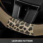 Steering Wheel Cover - Flat Bottom Wheel Cover Made with PVC Leather and Leopard Fabric - Universal Fit for 15-Inch D-Shaped Automotive Steering Wheels (Beige Color)