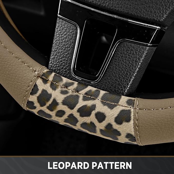 Steering Wheel Cover - Flat Bottom Wheel Cover Made with PVC Leather and Leopard Fabric - Universal Fit for 15-Inch D-Shaped Automotive Steering Wheels (Beige Color)