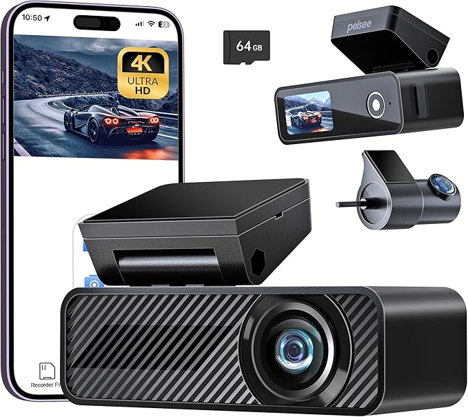P1 Duo 4K Dash Cam Front and Rear, 64GB SD Card, 4K+1080P Dual Dash Camera for Cars, Wi-Fi & App Control, 1.5’ IPS Display Car Camera, Voice Control, Night Vision, 24H Parking Mode, G-Sensor
