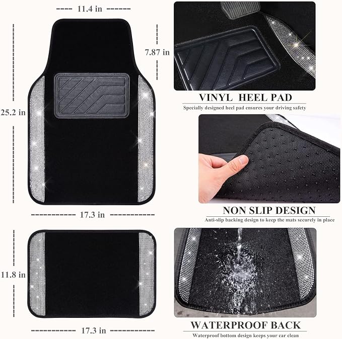 11 PCS Bling Diamond Car Mats Set for Women Girls, Sparkly Rhinestone Steering Wheel Cover, Waterproof Floor Mats Universal Fit for SUV,Vans,Sedans,Trucks Anti-Slip, Interior Sets Silver