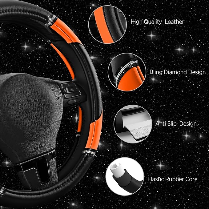Leather Steering Wheel Cover - Made with PVC Leather - Anti-Slip, Universal Fit 14 1/2 inches to 15 inches - Orange