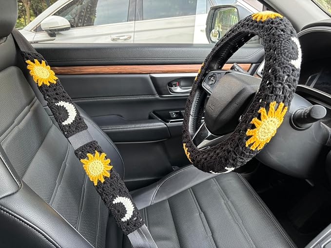 Handmade Crochet Sun Moon Car Steering Wheel Covers Universal 14-15 inch,Cute Steering Wheel Cover,Car Accessories (Black Wheel Cover+2 Belt Cover)