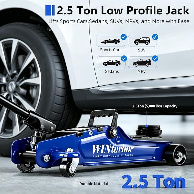 2.5T Floor Jack, 5500 lbs, 3.35"-14.96" Lift, Tire Kit, Pads, Sockets & Bag | Steel jack, 3.35"-14.96" lift. 360° swivel handle, rear casters. Includes tire kit, 2 rubber pads, 2 sockets & bag.