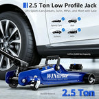 2.5T Floor Jack, 5500 lbs, 3.35"-14.96" Lift, Tire Kit, Pads & Bag | Steel jack, 3.35"-14.96" lift. 360° swivel handle, rear casters. Includes tire kit, 2 rubber pads & bag.