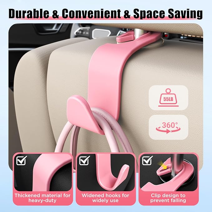 Car Seat Headrest Hook 4 Pack Hanger Storage Organizer Universal for Handbag Purse Coat Universal fit Vehicle Car Pink with Clip
