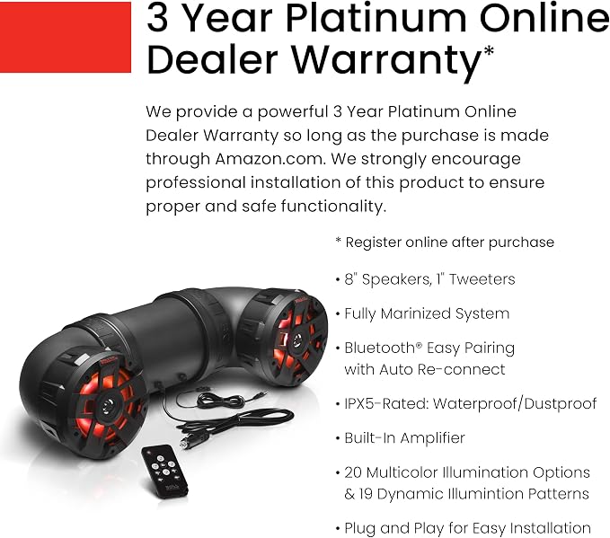 ATV8BRGB ATV UTV Sound System - 8 Inch Speakers, 1.5 Inch Tweeters, Full Range, IPX5 Weatherproof, Bluetooth, Built-in Amplifier, Multi-Color Illumination, Golf Cart Compatible