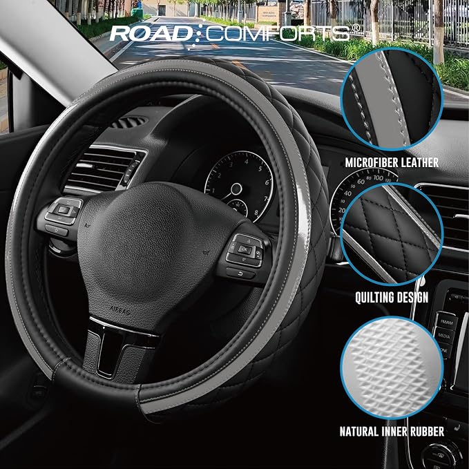 Leather Steering Wheel Cover – Black & Gray, Universal Fit 14.5-15 Inch, Microfiber Leather, Anti-Slip & Breathable Design for Men and Women