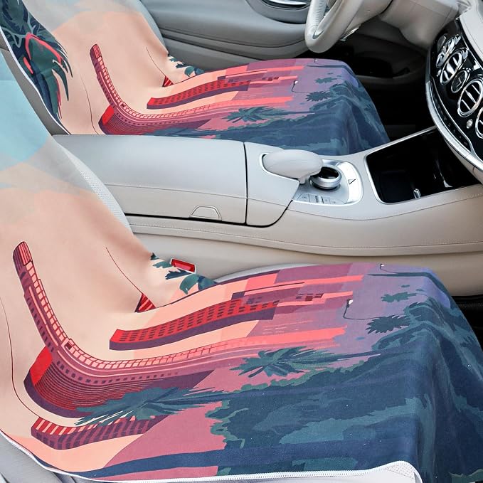 Car Seat Towel Covers with Storage Bag, 63 x 32 Inch Universal Non Slip Waterproof Sweat Protector for Car Truck, Gym Swimming Running, Machine Washable(2 Pack,Los Angeles Street Scene)