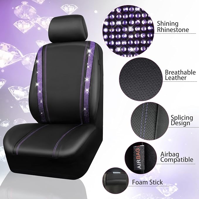 Bling Diamond Leather Car Seat Covers 11 PCS, Sparkly Rhinestone Steering Wheel Cover Glitter Cute Interior Car Accessories Sets Seat Belt Cushion Cup Holder Coaster Women Girl, Violet Purple
