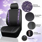 Bling Diamond Leather Car Seat Covers 11 PCS, Sparkly Rhinestone Steering Wheel Cover Glitter Cute Interior Car Accessories Sets Seat Belt Cushion Cup Holder Coaster Women Girl, Violet Purple
