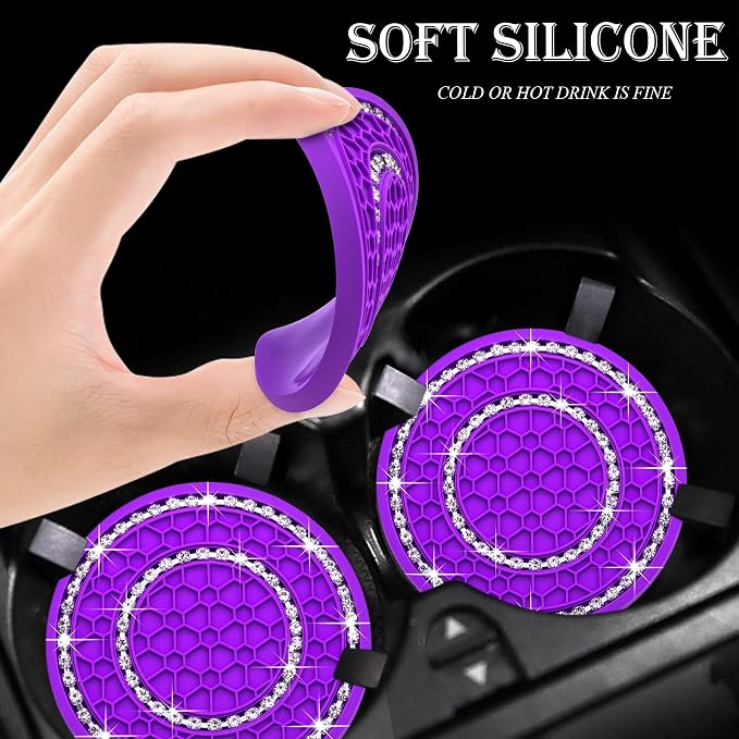 2PCS Bling Crystal Rhinestone Cup Holder Coaster, 2.75 inch Soft Silicone Anti-Slip Shockproof, Car Cup Holder Insert Coasters, Universal Car Interior Accessories for Women (Purple & White)