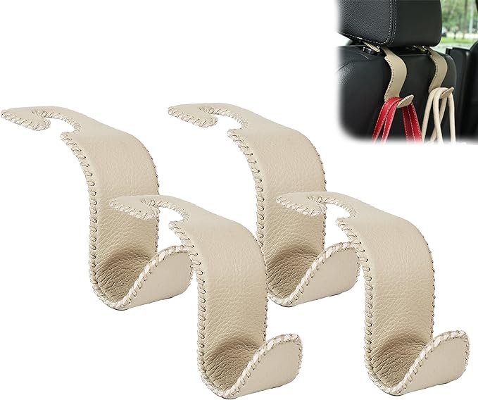 Car Seat Headrest Hook Universal Vehicle Storage Hanger Leather with Metal Car Seat Back Organizer for Handbag Purse Coat Beige 4 Pack