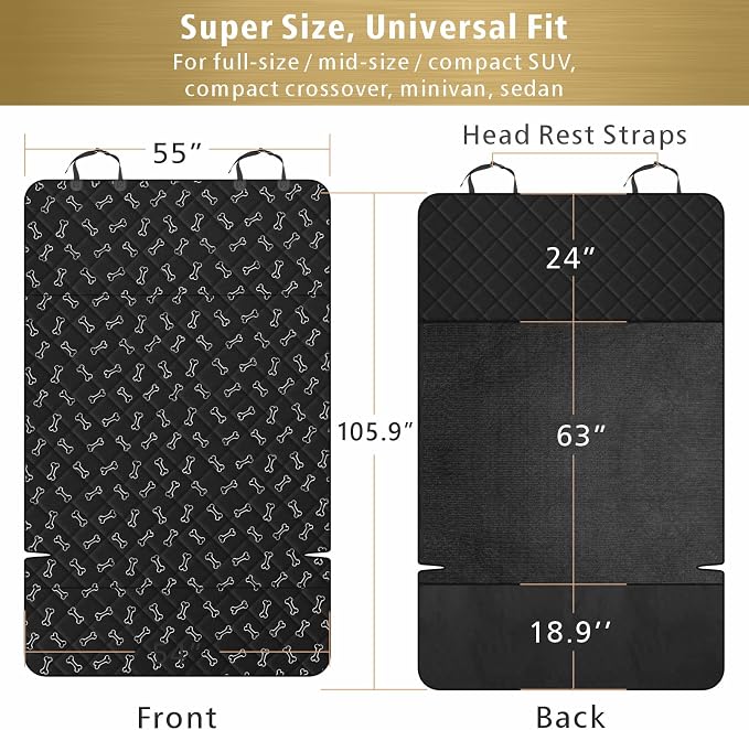 SUV Cargo Liner for Dogs, Water Resistant Pet Cargo Cover Dog Seat Cover Mat for SUVs Sedans Vans with Bumper Flap Protector, Non-Slip, Large Size Universal Fit, Bone