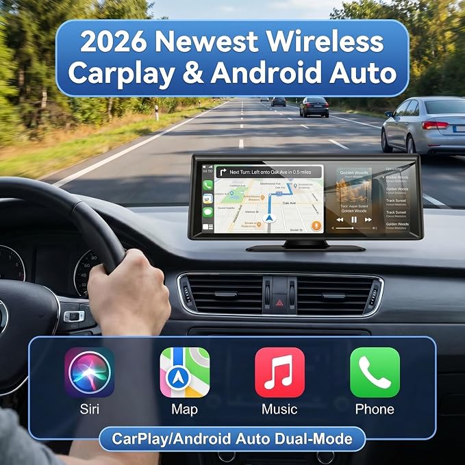 8.1" Portable Wireless CarPlay Stereo with 2K Dash Cam & 1080P Backup Cam | Wireless CarPlay/Android Auto, Voice Control, Split Screen, Plug & Play, 2K Dash Cam + 1080P Rear Cam