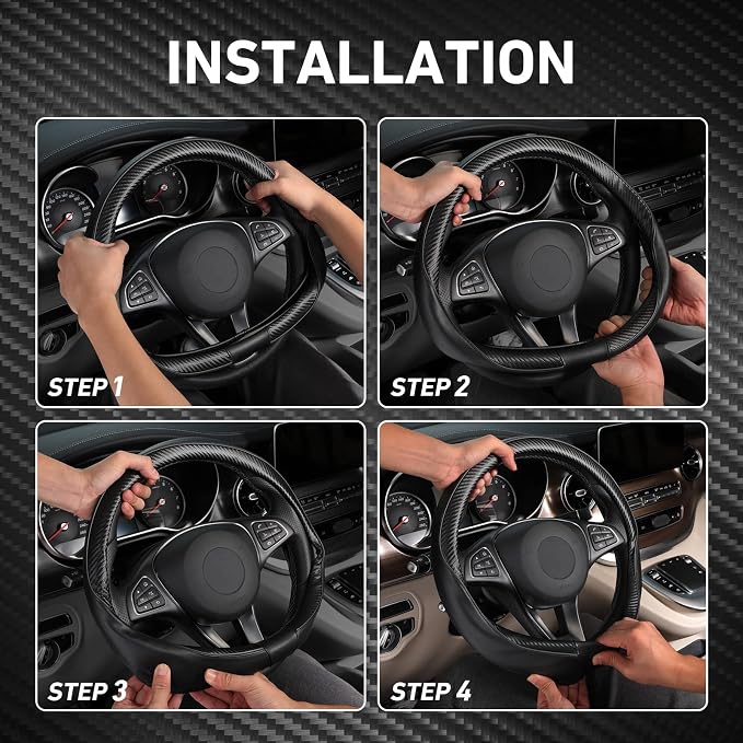 Car Steering Wheel Cover Universal Standard-Size 14 1/2"-15" Leather with Carbon Fiber Pattern Black
