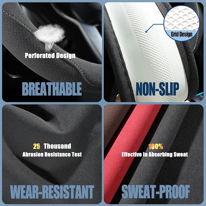Gray Suede D Shaped Steering Wheel Cover, Breathable Non-Slip Sweat-Proof Wear-Resistant No Pilling, Warm in Winter and Cool in Summer, Universal 15 inch