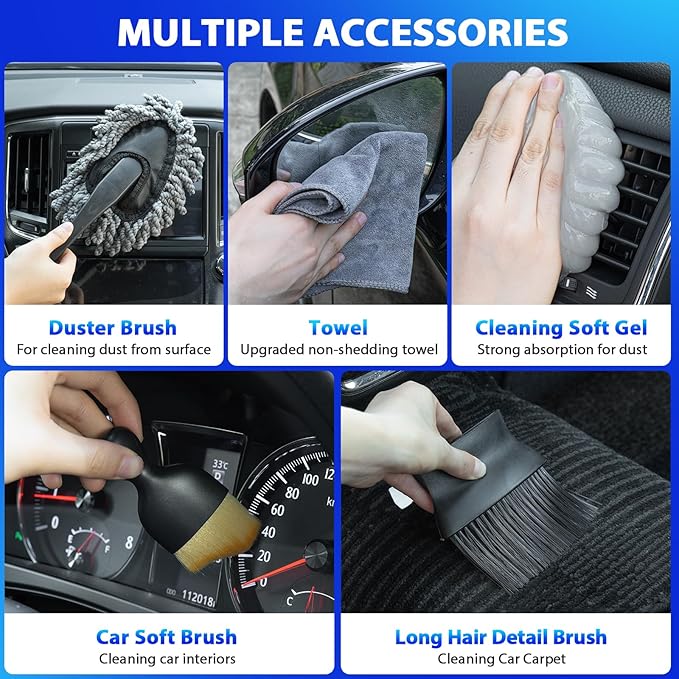 Car Cleaning Kit, Car Vacuum Kit, Gray Car Interior Detailing Kit with 8000PA High Power Vacuum, Including 7Pcs Detailing Brush Set and Bag